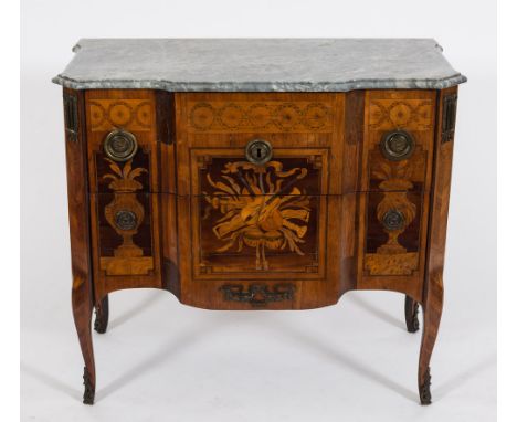 A Louis XV/XVI transitional kingwood, marquetry and gilt metal mounted block front commode:, surmounted by a grey variegated 