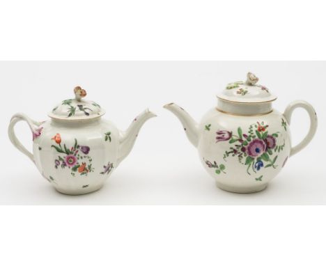 Two Worcester polychrome teapots and covers: one of fluted form with entwined branch handle, the other globular, both painted