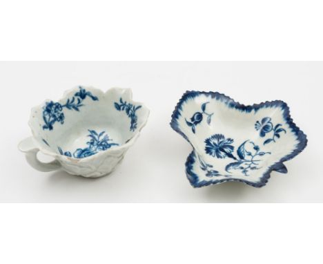 A Worcester blue and white leaf moulded butterboat and a leaf shaped pickle dish: the first painted with the 'Rose and Floral