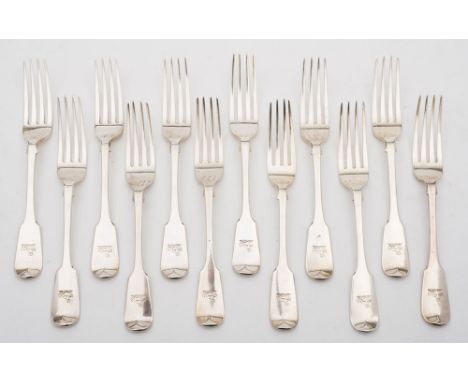 A set of eleven  Victorian silver Fiddle pattern table forks, maker George Adams, London, 1842: crested, together with a near