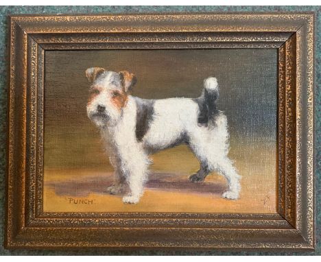 Early 20th Century English School. Oil on board. ‘Portrait of Punch a Terrier”. Monogrammed E P lower right. Measures 19cm x 