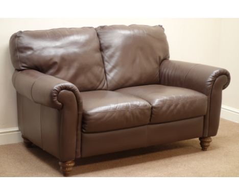 'Italsofa' two seat sofa upholstered in brown leather, turned walnut finish feet, W155cm   Condition Report   Click here for 