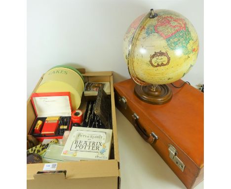 Vintage suitcase, enamelled cake tin, globe lamp, and other vintage items and miscellanea in one box    Condition Report   Cl