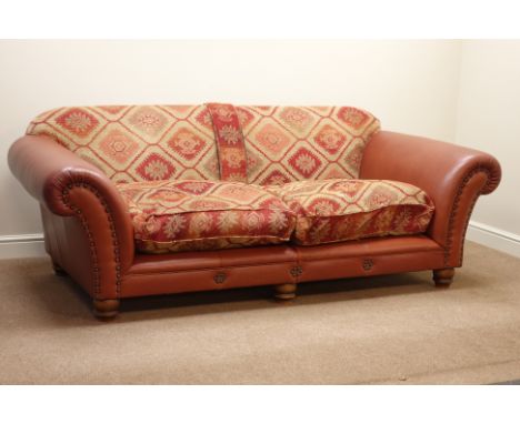 Tetrad Eastwood four seat sofa, leather upholstery with Kilim chenille loose cushions, W230cm    Condition Report   Click her