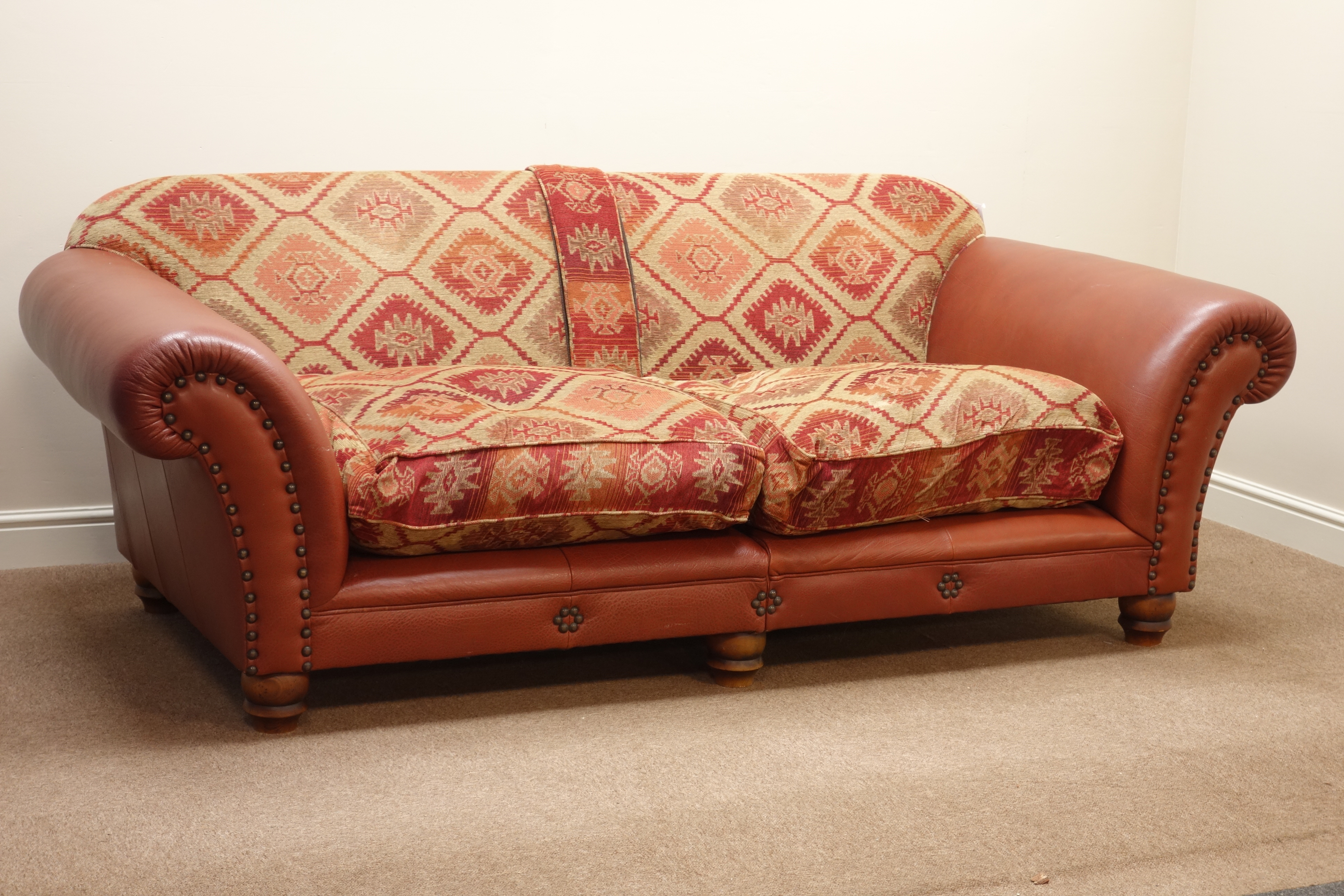 Tetrad Eastwood four seat sofa, leather upholstery with Kilim chenille