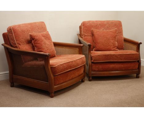 Pair ercol ash framed 'bergere easy chair' armchairs in golden dawn finish, upholstered loose cushions   Condition Report   C