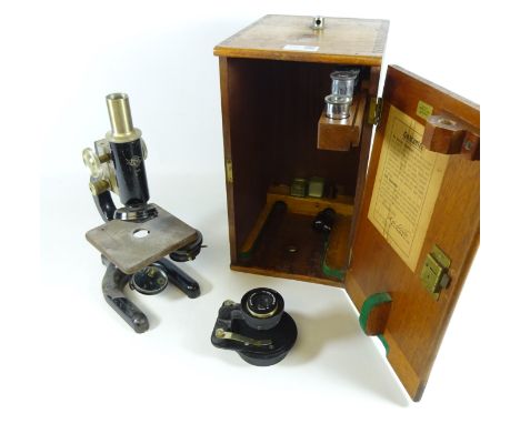 Prior London microscope with accessories in fitted case and a additional lens by Ross, London   Condition Report   Click here