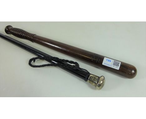 Ebonised walking stick with hallmarked silver handle and a Victorian truncheon embossed V.R    Condition Report   Click here 