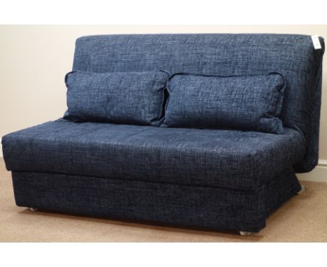 Two seat metal action sofa bed upholstered in navy blue fabric, W143cm   Condition Report   Click here for further images, co