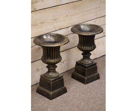 Pair small Victorian style Campana bronze finish cast iron urns on plinths, D29cm, H50cm