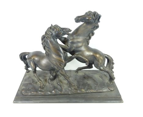 Large bronze effect sculpture of a mare and stallion, W46cm    Condition Report   Click here for further images, condition, a