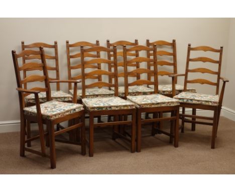Set eight (6+2) ercol elm ladder back dining chairs in golden dawn finish, upholstered seat cushions    Condition Report   Cl