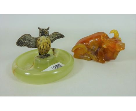 Early 20th Century cold painted bronze owl onyx base and a carved red jadeite cow      Condition Report   Click here for furt