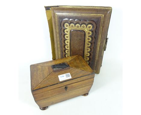 Early 19th Century mahogany inlaid tea caddy the lining embossed W. A Whiteley and a Victorian musical photo album (2)    Con