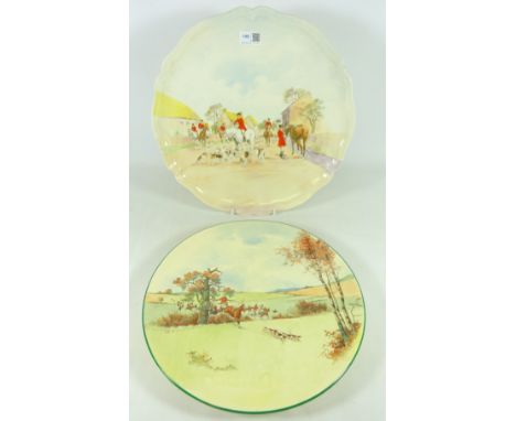 Two Royal Doulton chargers 'The Meet' and 'Fox-Hunting'. Dia 39cms and 34cms    Condition Report   Click here for further ima