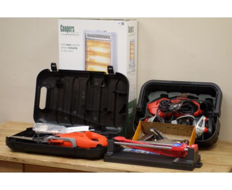 Stanley No.4 plane, Black & Decker decormate sander and Scorpion saw, tile cutter and electric heater  (This item is PAT test