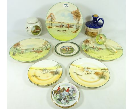 A pair of Royal Doulton 'Fox-Hunting' plates, Royal Doulton and other hunting related items and a Cecil Aldin Grand National 