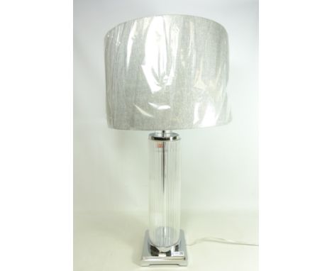 Large modern glass and chrome table lamp with tweed effect shade, as new H80cm  (This item is PAT tested - 5 day warranty fro