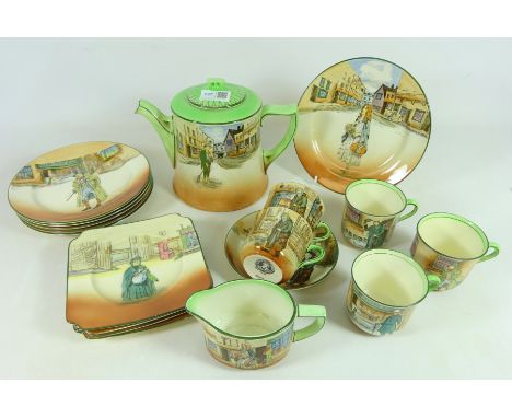 Royal Doulton Dickens ware tea ware including a 'Poor Jo' teapot, five tea cups, jug and various plates  Condition Report Cli