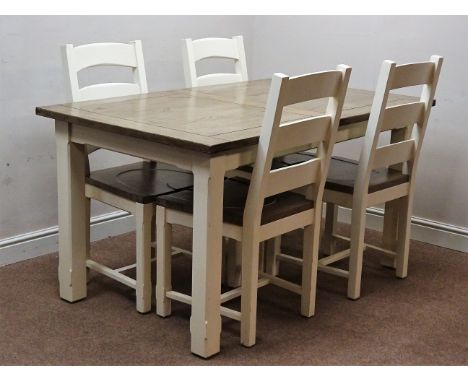Walnut and cream finish rectangular dining table (151cm x 90cm, H79cm), and set four matching ladder back dining chairs