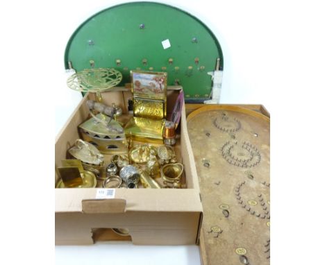 Early 20th Century brass coal iron, brass letter rack, brass trivet, other brassware and two bagatelle boards in one box   Co