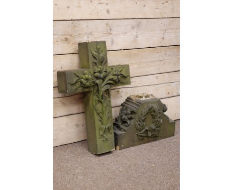 Early 20th Century large hand carved yellow sandstone cross decorated with lily foliage on top of a shaped step plinth with f