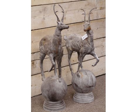 Pair cast metal garden stags on spherical mounts, figures/gate post finials, H91cm   Condition Report   Click here for furthe