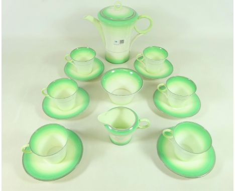 Shelley Art Deco coffee set for six    Condition Report  Two cups and the cream jug have minor hairline cracks, to the base. 