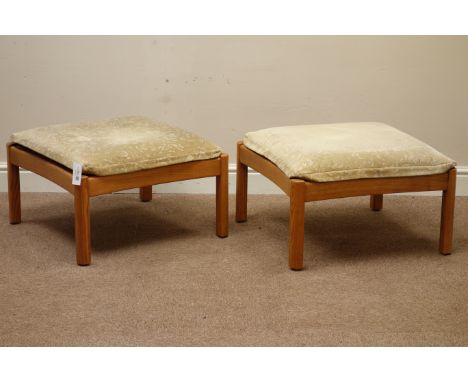 Pair Ercol light elm footstools with upholstered cushion   Condition Report   Click here for further images, condition, aucti