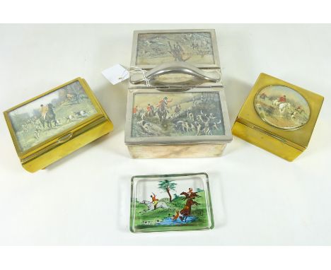 Early 20th Century silver plated cigarette box with hunting scene panels, two brass boxes and glass dish with hunting scenes 