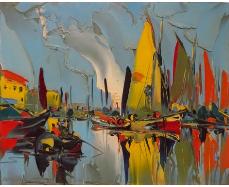 Boats in a Harbour, 20th century abstract acrylic on board signed by George R Deakins 40cm x 50cm unframed   Condition Report