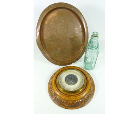 Circular carved oak barometer, Burstall cod bottle and walker copper plate (3)   Condition Report   Click here for further im