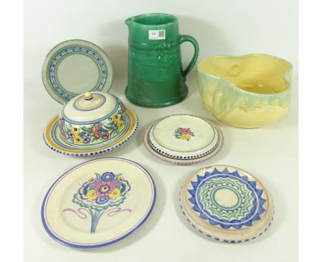 C.H Brannam Barnstable jug, Bretby trefoil bowl, Carter Stabler Adams Poole butter dish, three plates, teapot stand and a Poo