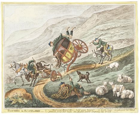 James Gillray (British, 1756-1815)Posting in Ireland; Posting in Scotland (BM 10478; BM 10479) Two etchings with aquatint and