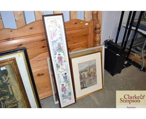 An Oriental embroidery together with a framed continental print and a framed and glazed watercolour study depicting a harvest