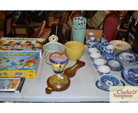 A quantity of various jardinieres; glass vase; small oak cased barometer etc