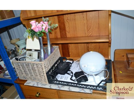 Two boxes of various household items to include a pair of vases and a modern table lamp etc