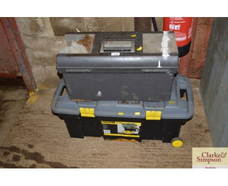 A plastic tool box on wheel with contents; and another plastic tool box with contents 