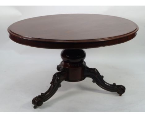 VICTORIAN MAHOGANY OVAL BREAKFAST TABLE WITH SNAP  TOP having moulded edge and plain apron, on bulbous column and tripod supp