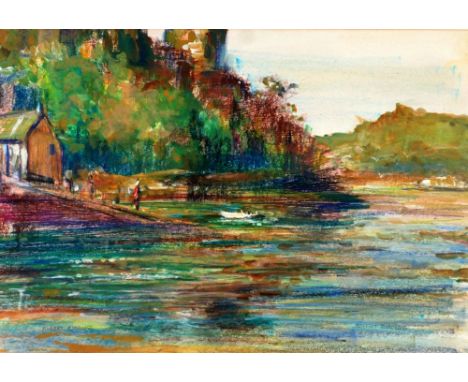 ROBERT BINDLOSS (1939) MIXED MEDIA Estuary scene with slipway, possibly the River Dart Signed 15" x 21 3/4" (38 x 55.5cm)