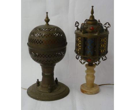 EASTERN PIERCED BRASS GLOBULAR ELECTRIC TABLE LAMP AND A SIMILAR ONE