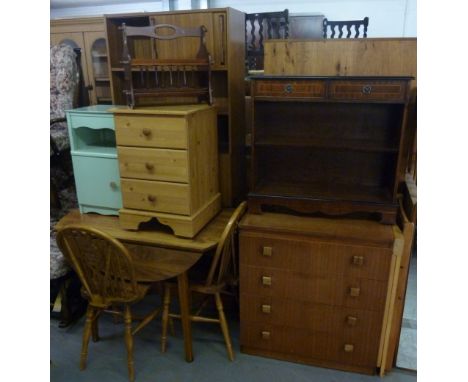 GEORGIAN STYLE MAHOGANY FINISH SMALL OPEN BOOKCASE WITH TWO FRIEZE DRAWERS AND BRACKET FEET, A KITCHEN TABLE, TWO VICTORIAN S