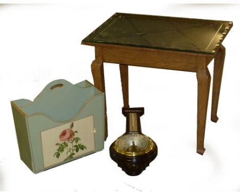 A MODERN MAHOGANY ANEROID BANJO BAROMETER AND THERMOMETER AND A COFFEE TABLE WITH MIRROR GLASS TOP AND A PERIODICAL RACK DECO