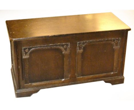 CIRCA 1930's OAK AND PLY PANEL BLANKET BOX,  WITH DECORATIVE ARCH APPLIED DECORATION TO THE TWO PANEL  FRONT, 3' 1" WIDE OVER