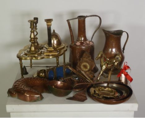 LARGE BRASS LOZENGE SHAPED TRIVET, TINNED COPPER FISH PATTERN JELLY MOULD, SET OF THREE SHALLOW SAUCE PANS, BRASS CAPSTAN INK