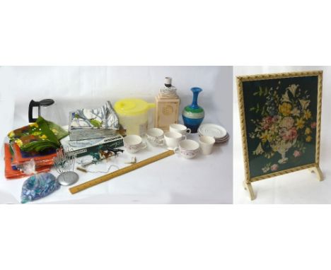 A GRATE SCREEN, A LARGE WIND CHIME, A SALAD MIXER, LAMP, VASE, VARIOUS POTTERY AND GLASS WARES 