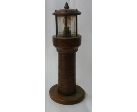 CARVED OAK LIGHTHOUSE PATTERN ELECTRIC TABLE LAMP 