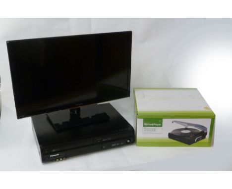 PANASONIC SMALL FLAT SCREEN TELEVISION, A PANASONIC DVD AND VHS RECORDER AND A BOXED RECORD PLAYER WITH SPEAKER AND REMOTES (
