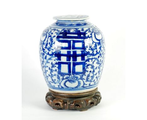 TWENTIETH CENTURY CHINESE BLUE AND WHITE PORCELAIN GINGER JAR AND COVER, of typical form with flat cover, painted in strong t