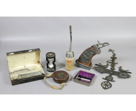 Assorted collectables including ornamental powder flask, cased ever ready safety razor, leather mounted vintage tape measure,